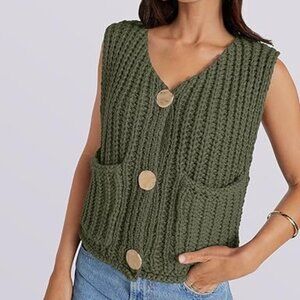 UEU Women's Chunky Sweater Vest Button Down Sleeveless Cardigan V Neck Crochet-S
